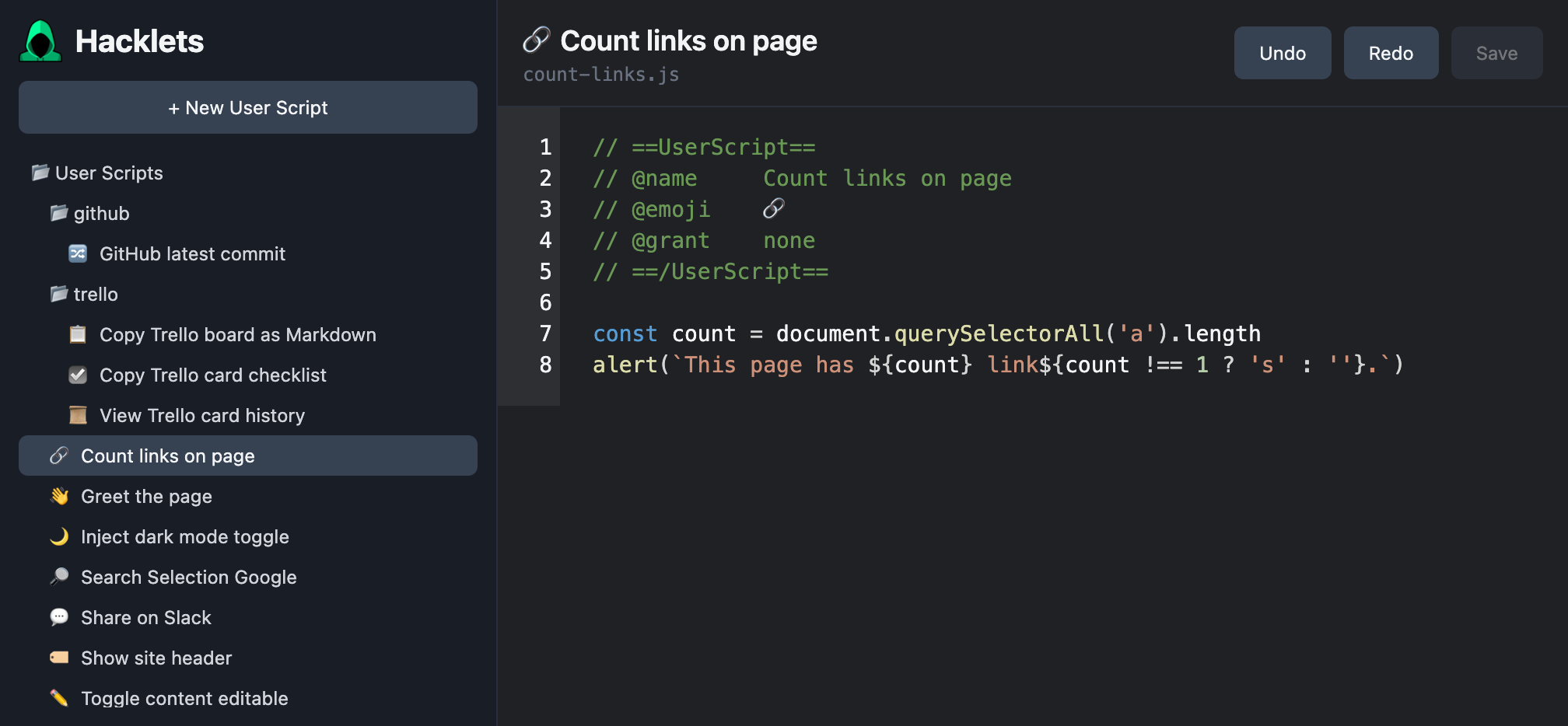 Hacklets script editor interface
